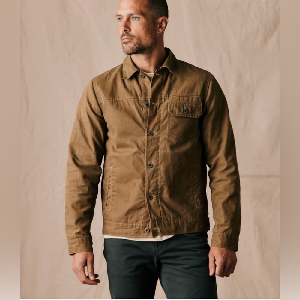 Flint and Tinder Flannel-Lined Waxed Trucker Jacket in Field Tan